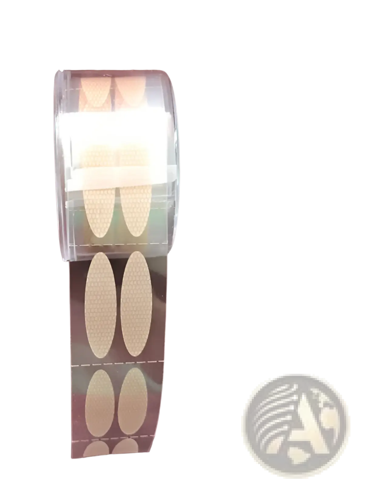 A roll of beige mesh coarse adhesive double eyelid stickers in a clear plastic dispenser with 600 pieces