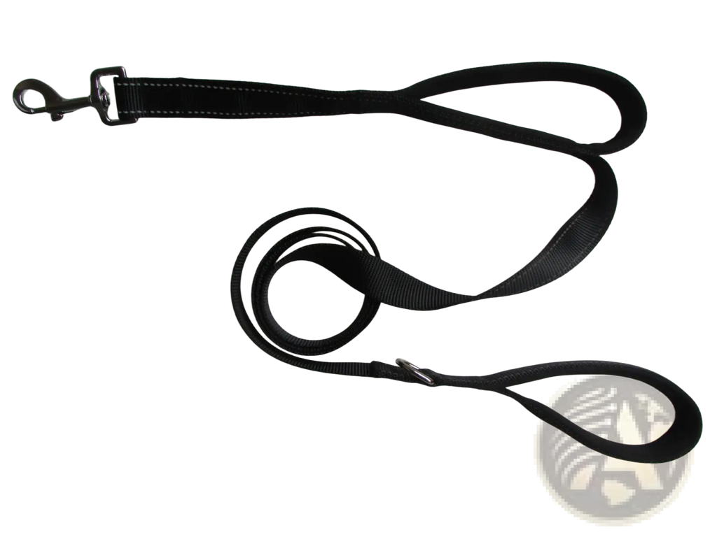 Black nylon double handle reflective dog leash with silver metal hardware and a sturdy handle for secure walking