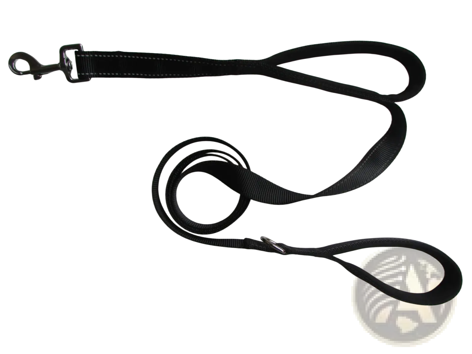 Black nylon double handle reflective dog leash with silver metal hardware and a sturdy handle for secure walking