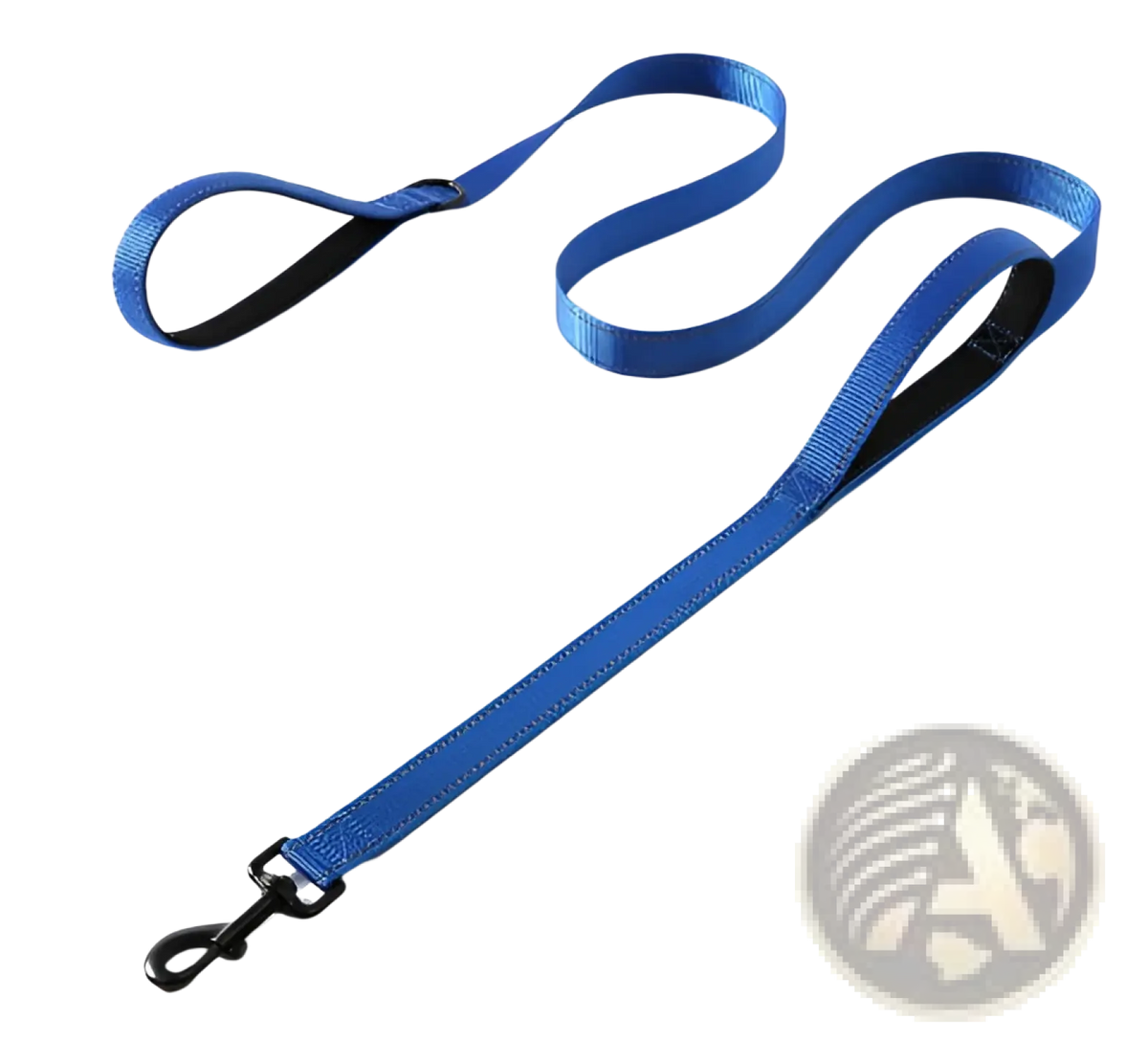 Blue nylon double handle reflective dog leash with black reinforced handles and a sturdy metal clasp for durability