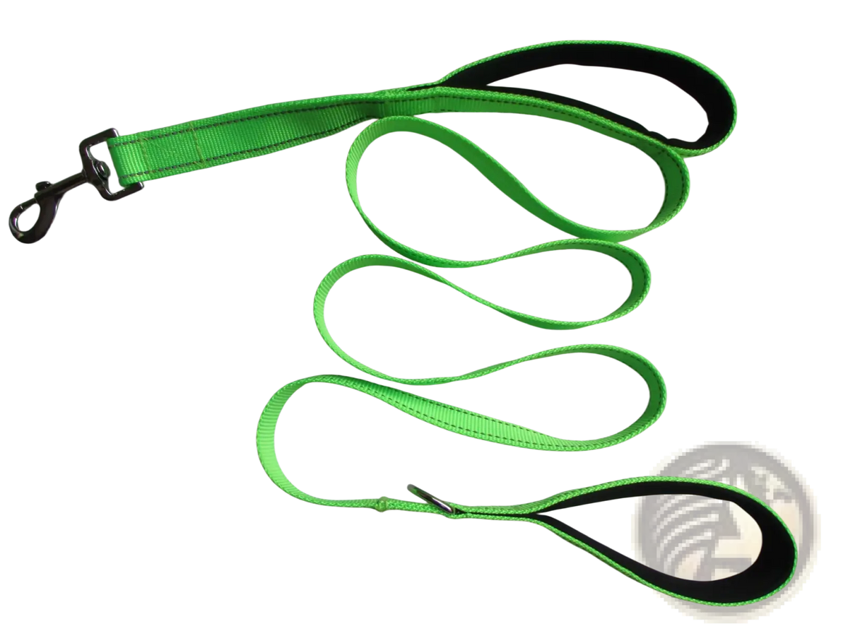 Bright neon green double handle reflective dog leash with black padded handles and silver metal clasp