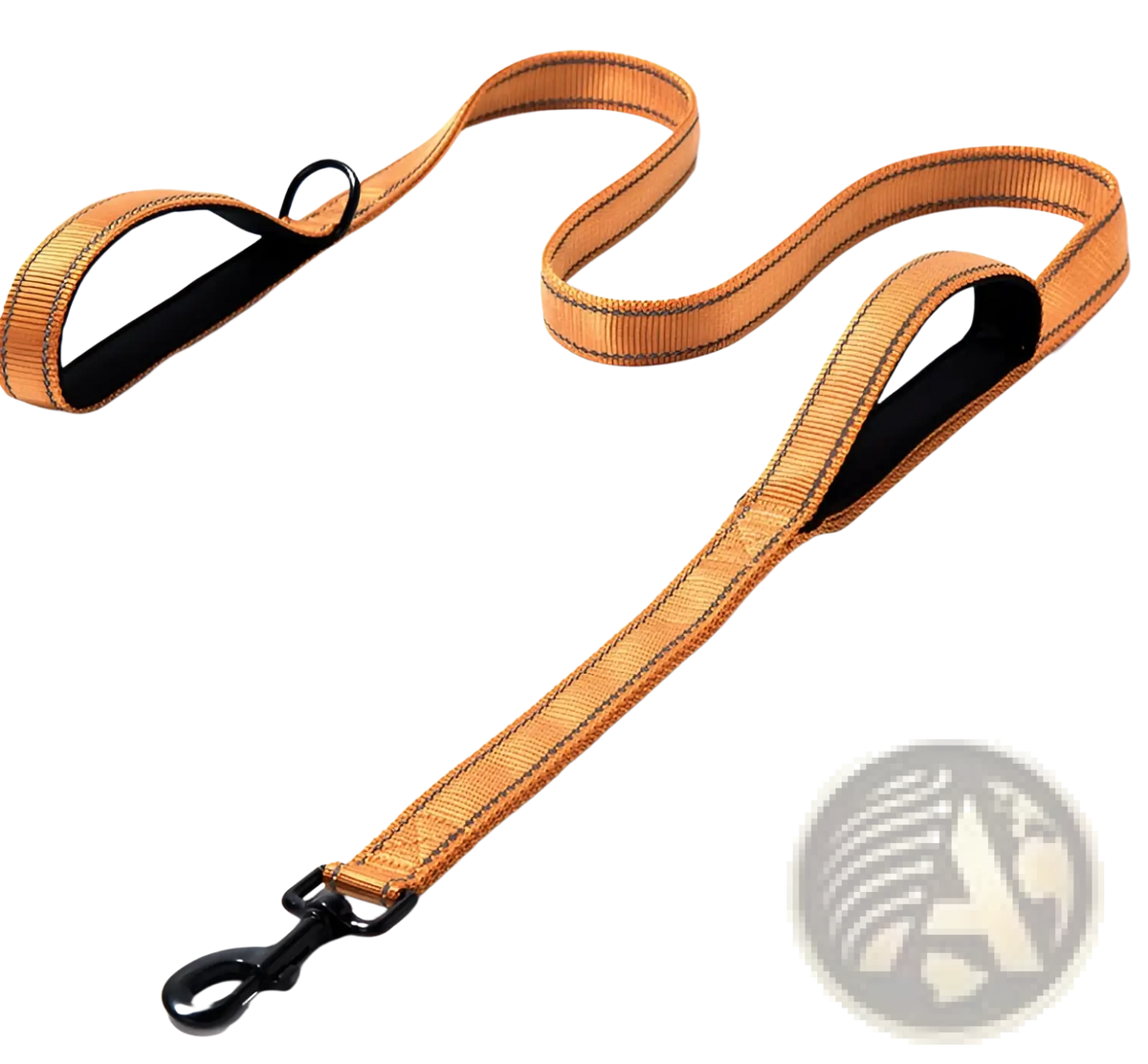 Tan woven nylon double handle reflective dog leash with black padded handles and black metal clasp