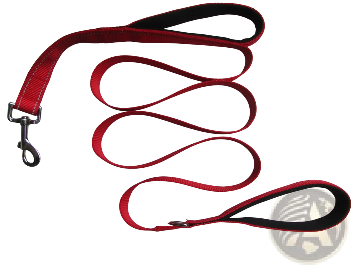 Red nylon double handle reflective dog leash with black padded handle and silver metal clasp for secure walking