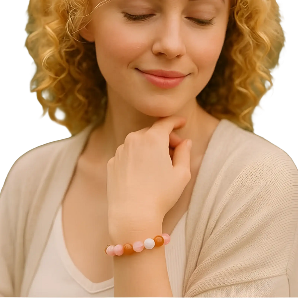 A delicate double happiness carnelian and tiger eye beaded bracelet with smooth pink and warm orange beads
