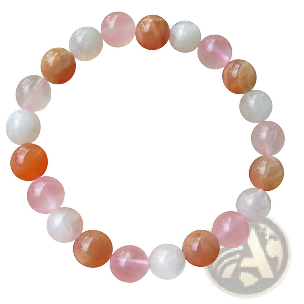 A delicate double happiness carnelian and tiger eye bracelet with smooth pink and orange beads and white accents
