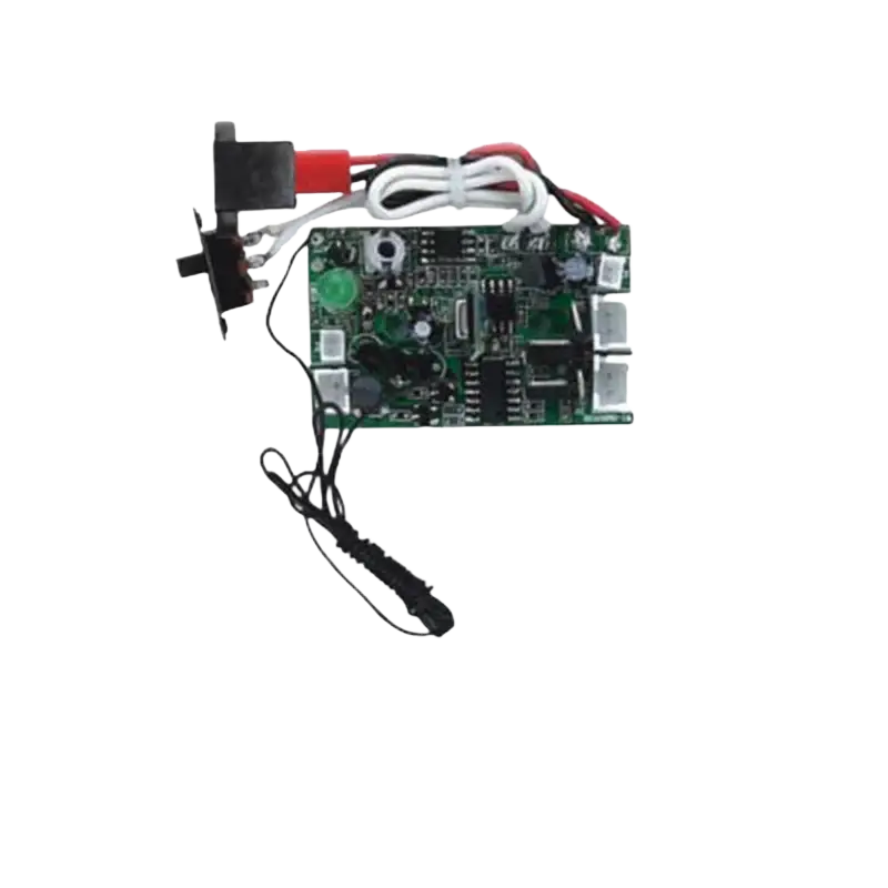 Green printed circuit board with black and white wires and red connector of double horse remote controller and receiver