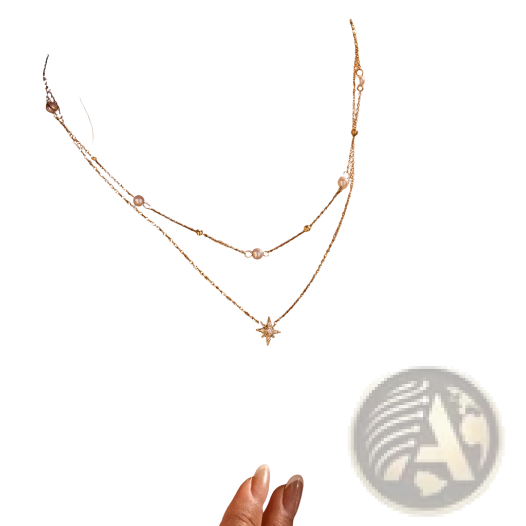 Delicate double layer 18k gold stainless steel necklace with star pendant and pearl accents
