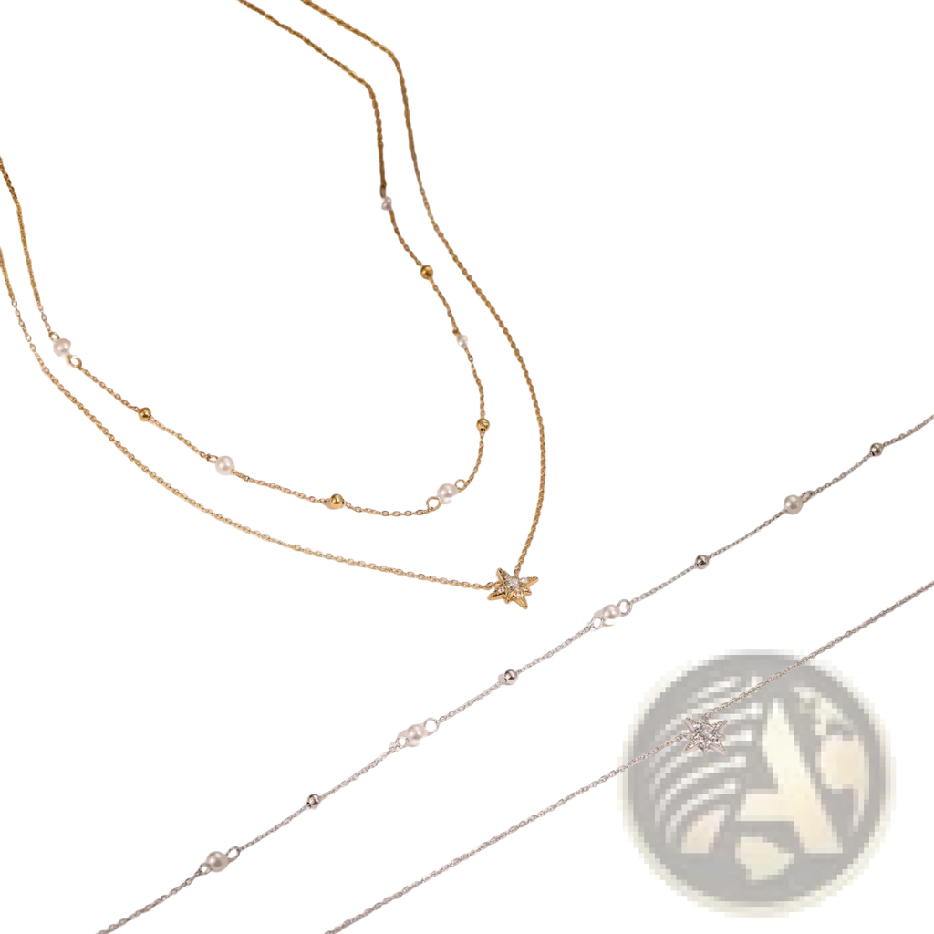Double layer 18k gold star and pearl stainless steel necklace with gold and silver star pendants and delicate pearl chains