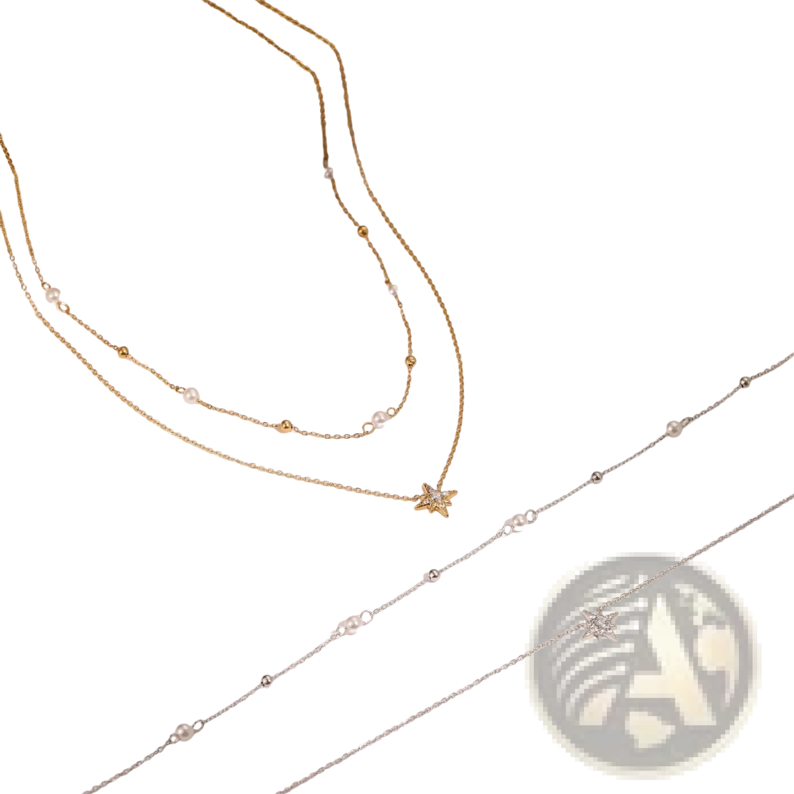 Double layer 18k gold star and pearl stainless steel necklace with gold and silver star pendants and delicate pearl chains
