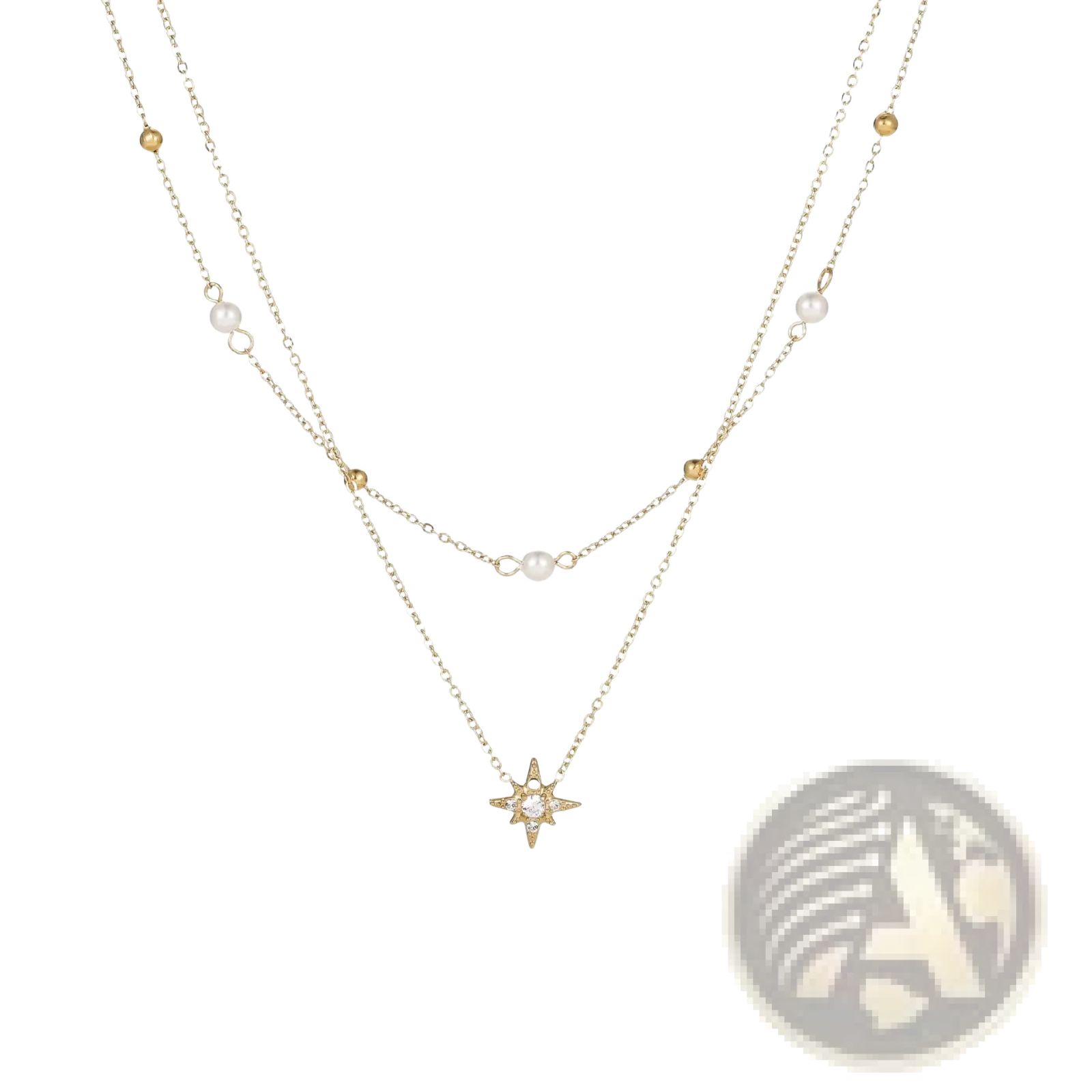 Delicate double layer 18k gold stainless steel necklace with white pearls gold beads and star-shaped pendant