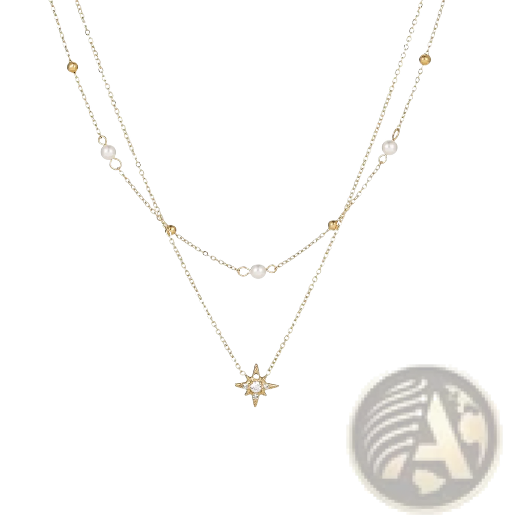 Delicate double layer 18k gold stainless steel necklace with white pearls gold beads and star-shaped pendant
