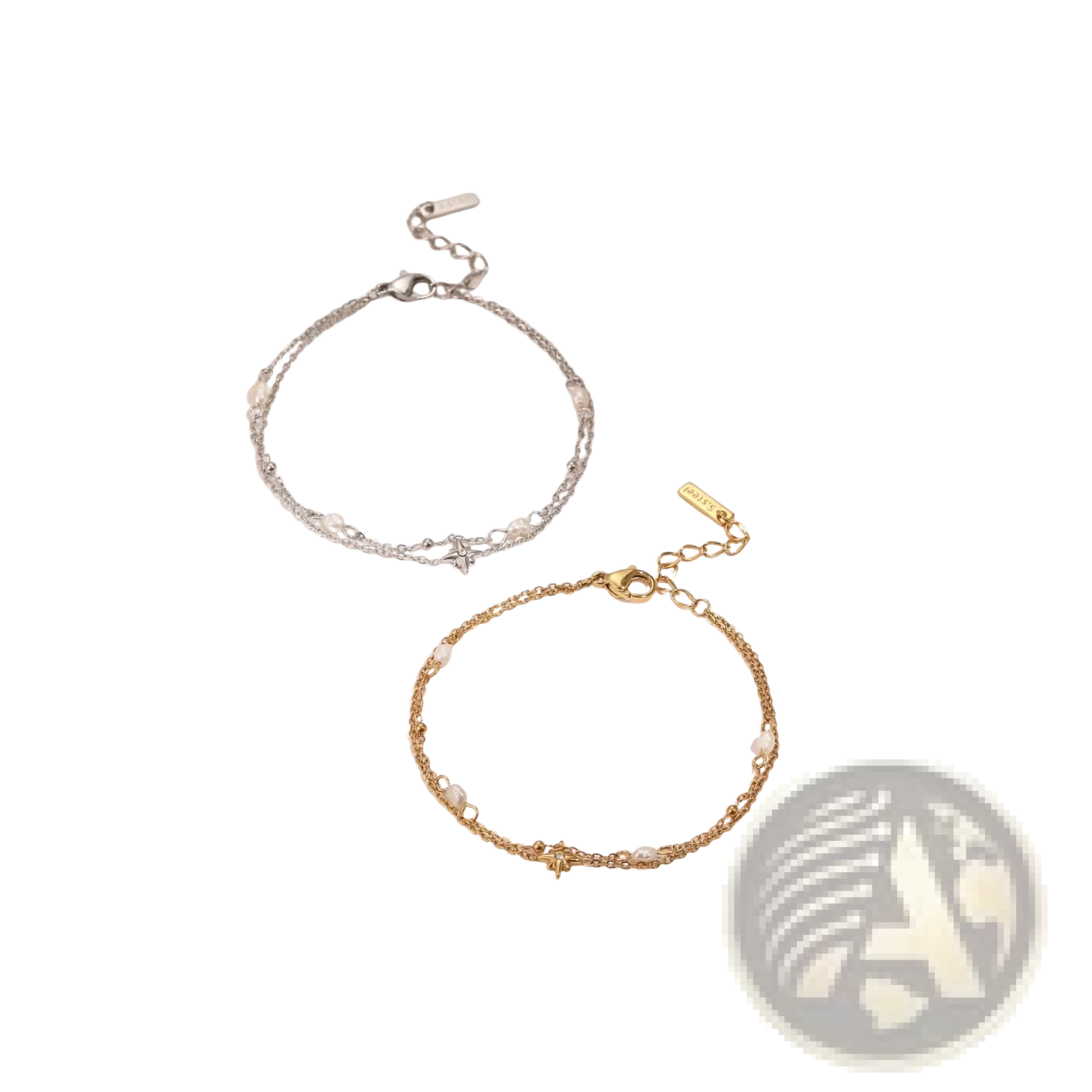 Two delicate chain bracelets in silver and gold with small pearls and star-shaped charms in stainless steel