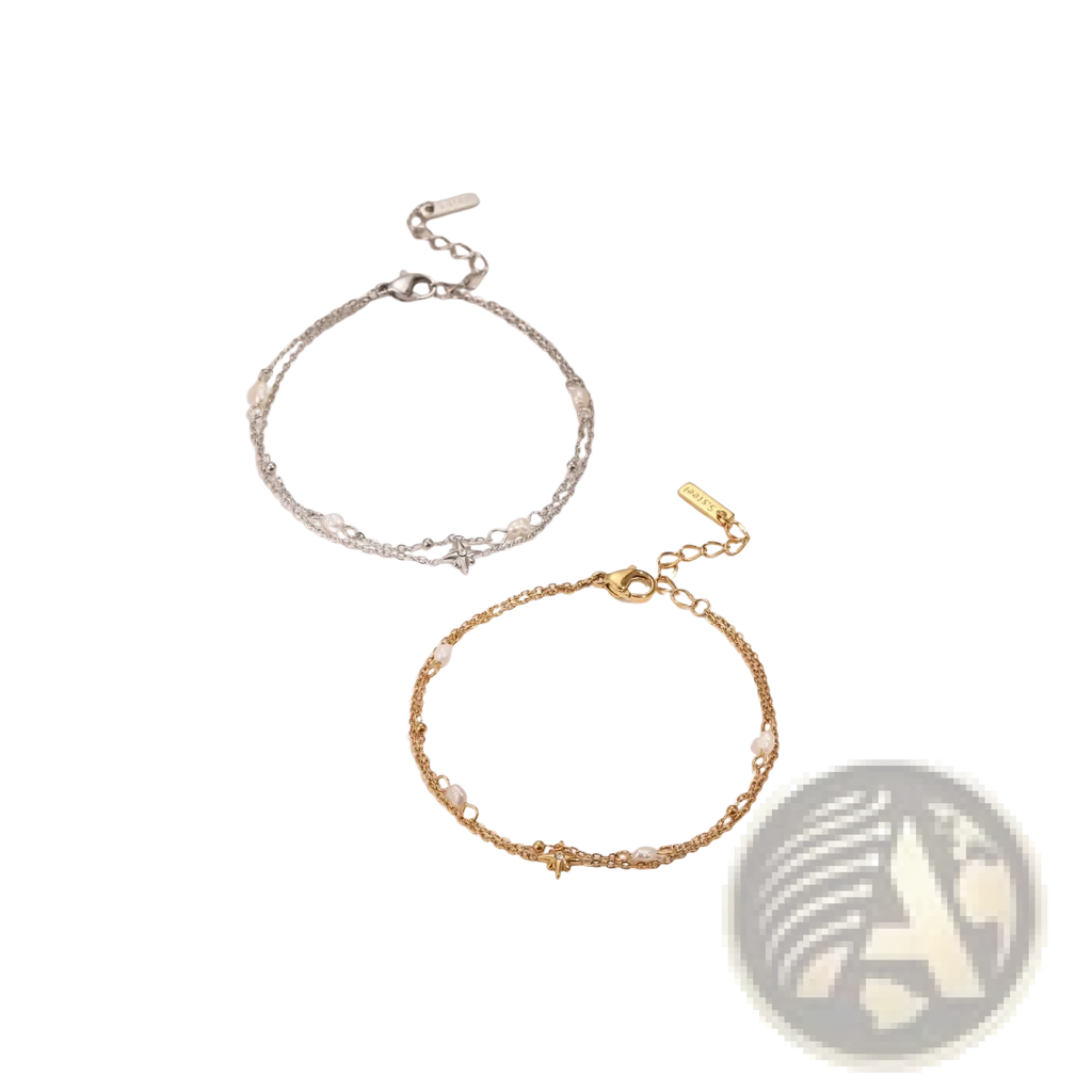 Two delicate chain bracelets in silver and gold with small pearls and star-shaped charms in stainless steel