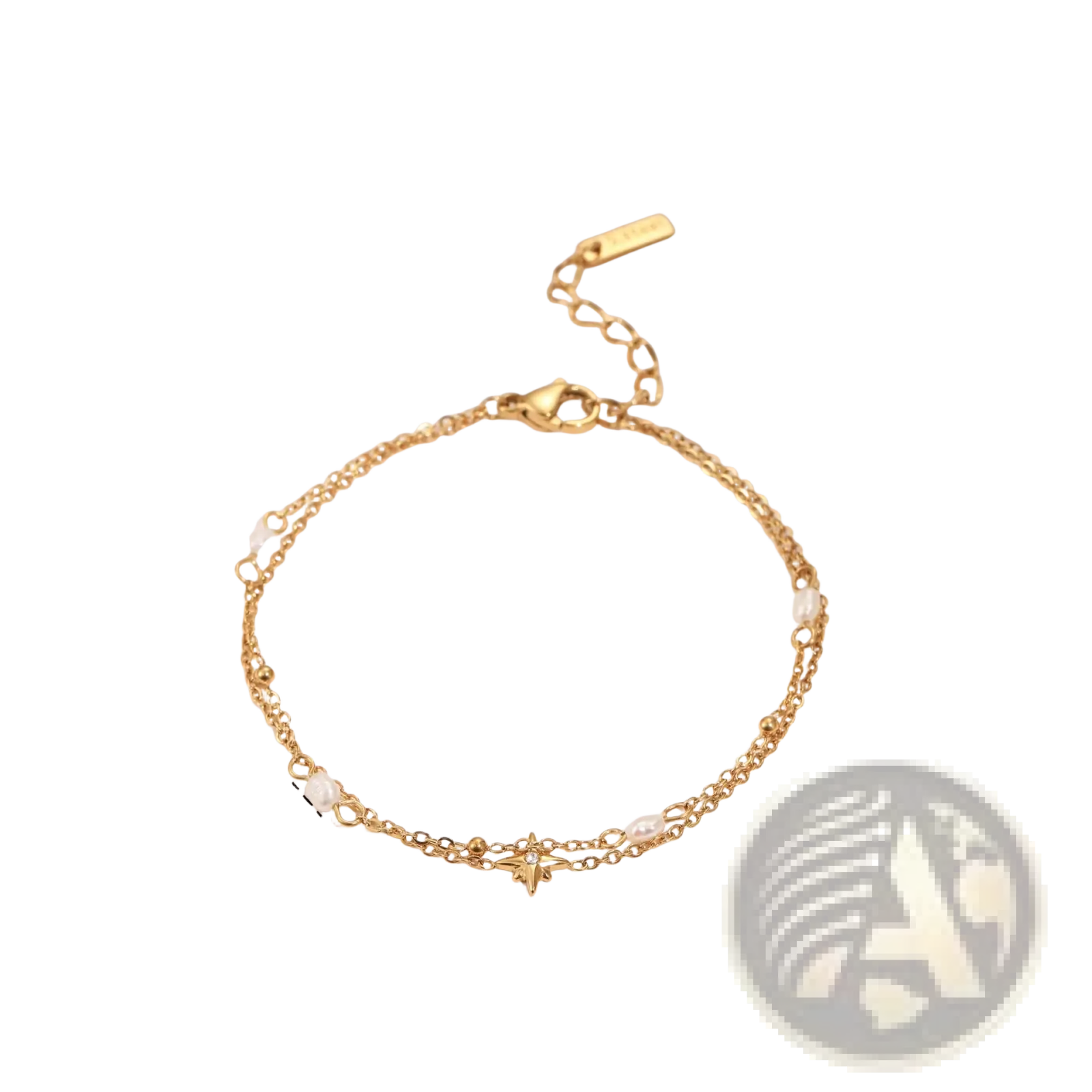 Double layer 18k gold star and pearl stainless steel necklace featuring gold-toned double-strand chain links and pearl accents