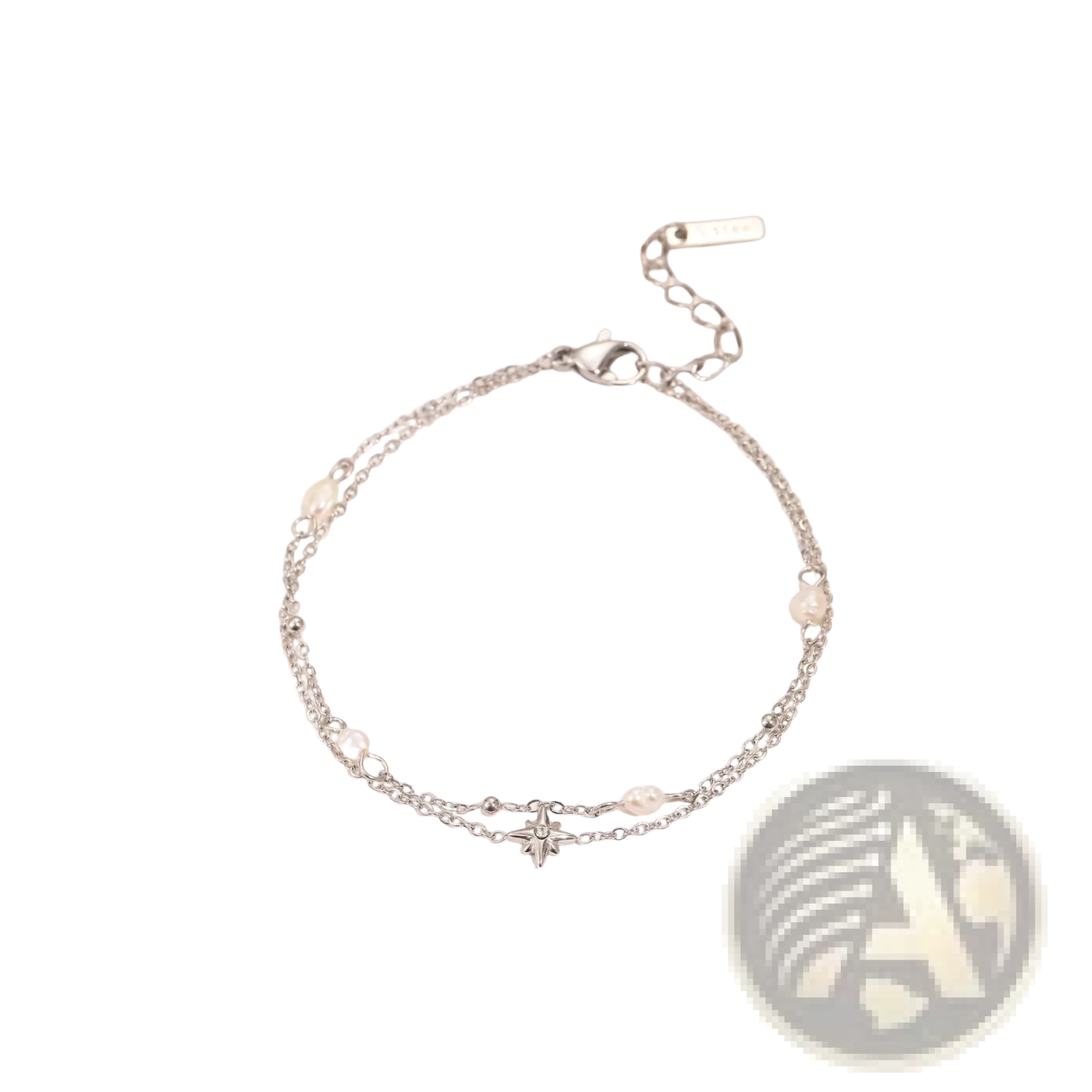 Silver double strand bracelet with delicate chain links small pearl accents and central star charm in stainless steel