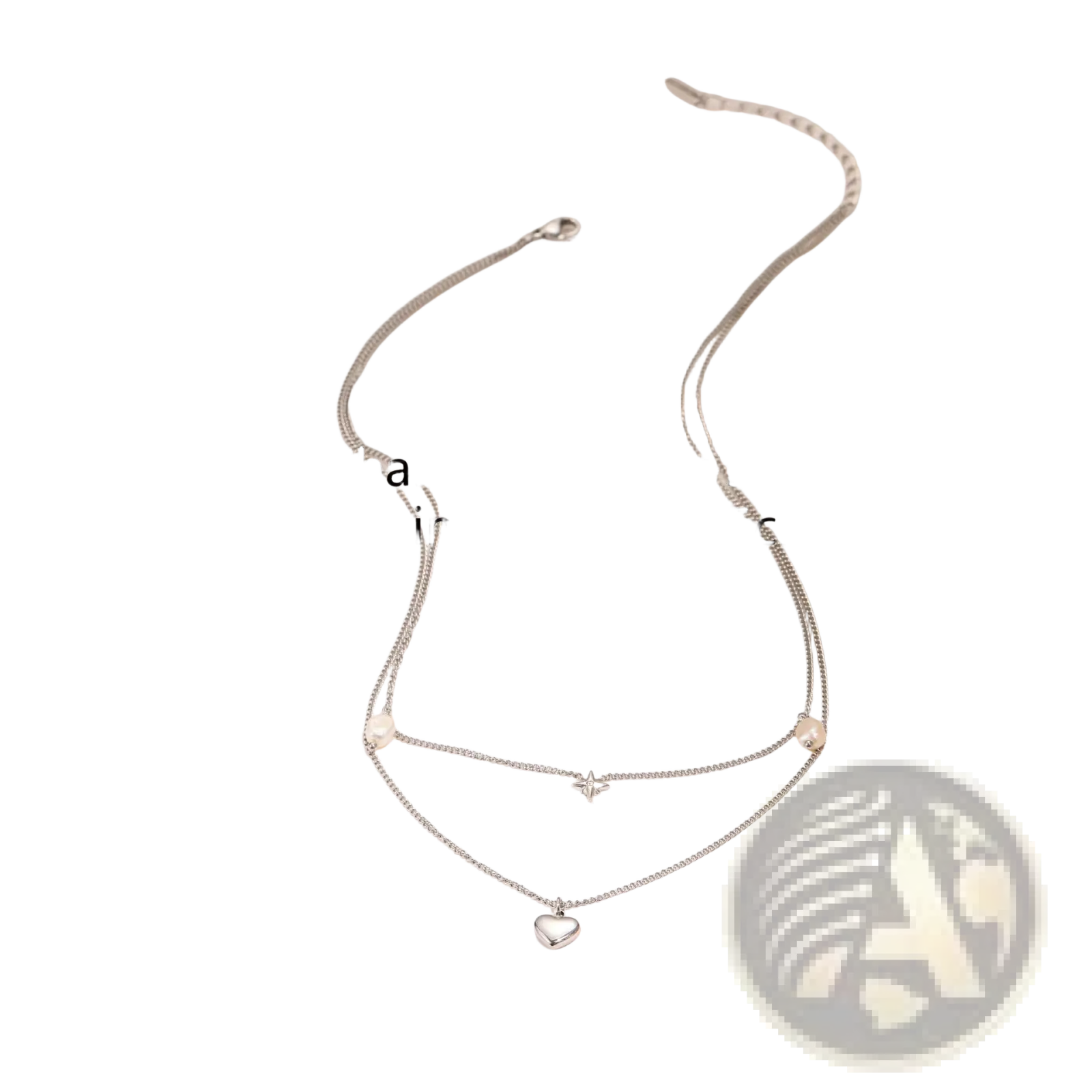 Silver double-layered stainless steel necklace with heart pendant pearl accents and two adjustable chain lengths