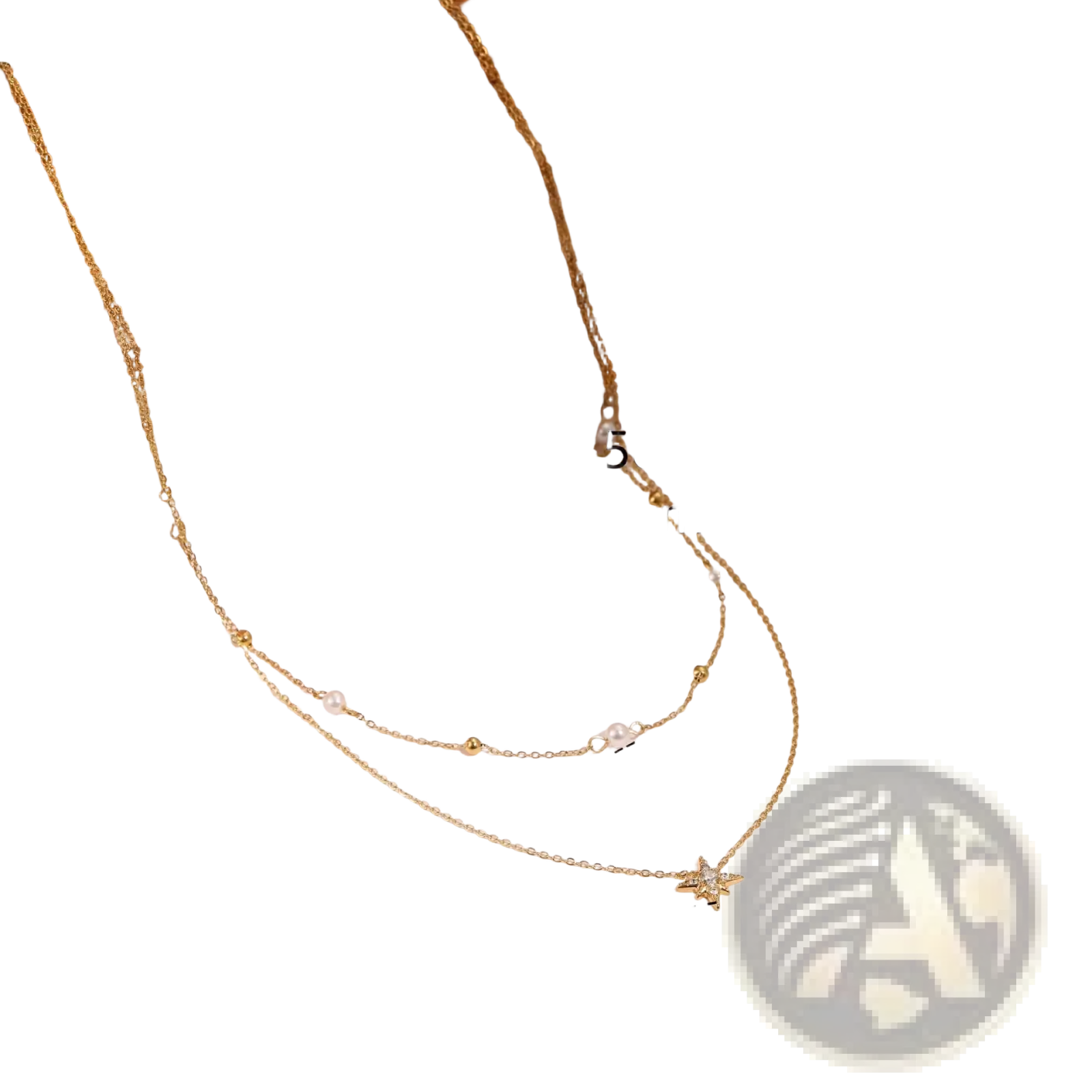 Double layer 18k gold stainless steel necklace with delicate pearl chains and a sparkling star pendant