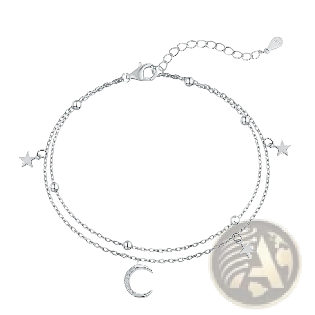 Double layer silver moon and star crystal anklet bracelet with crescent moon charm and dangling star charms