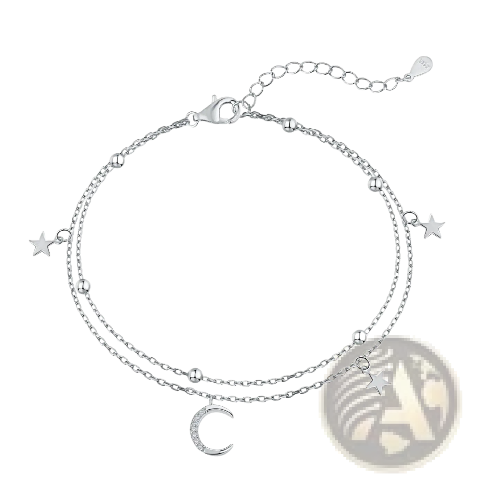 Double layer silver moon and star crystal anklet bracelet with crescent moon charm and dangling star charms