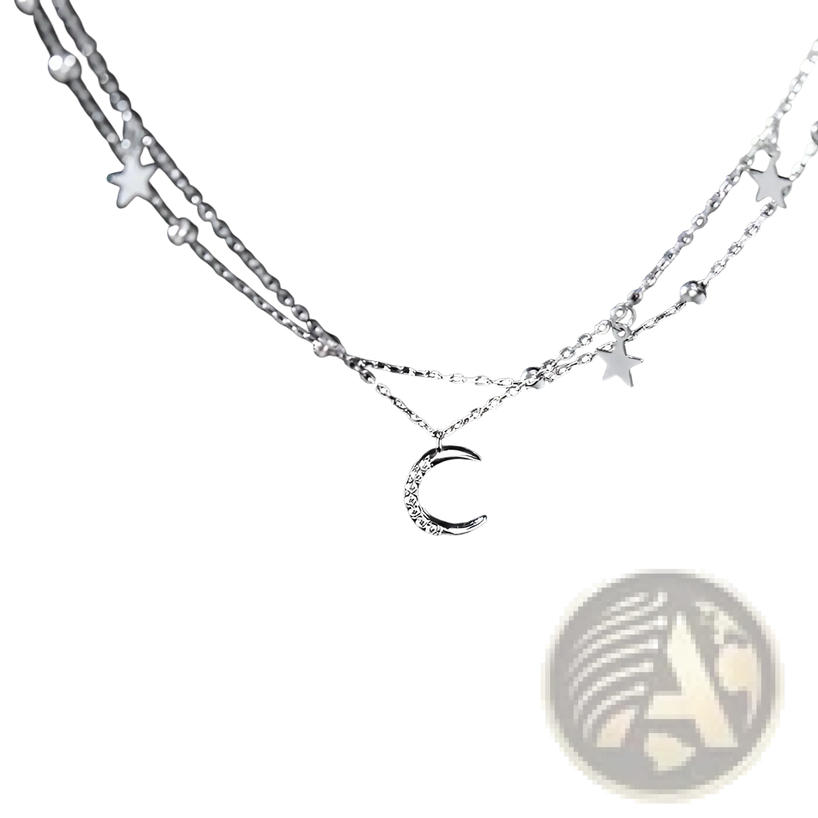 Double layer silver necklace with crescent moon pendant and crystal star charms on delicate chains