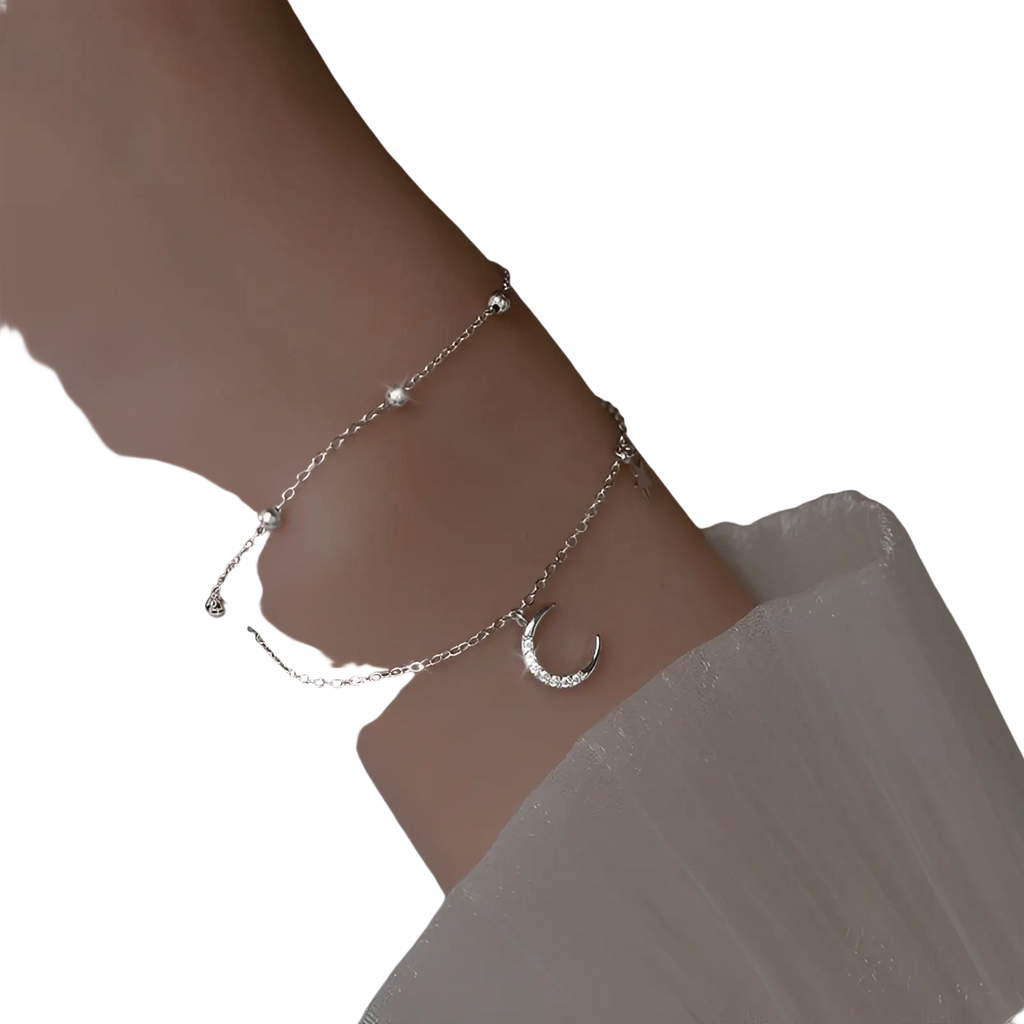Double layer silver moon and star crystal anklet bracelet with delicate crescent moon charm and small spherical beads