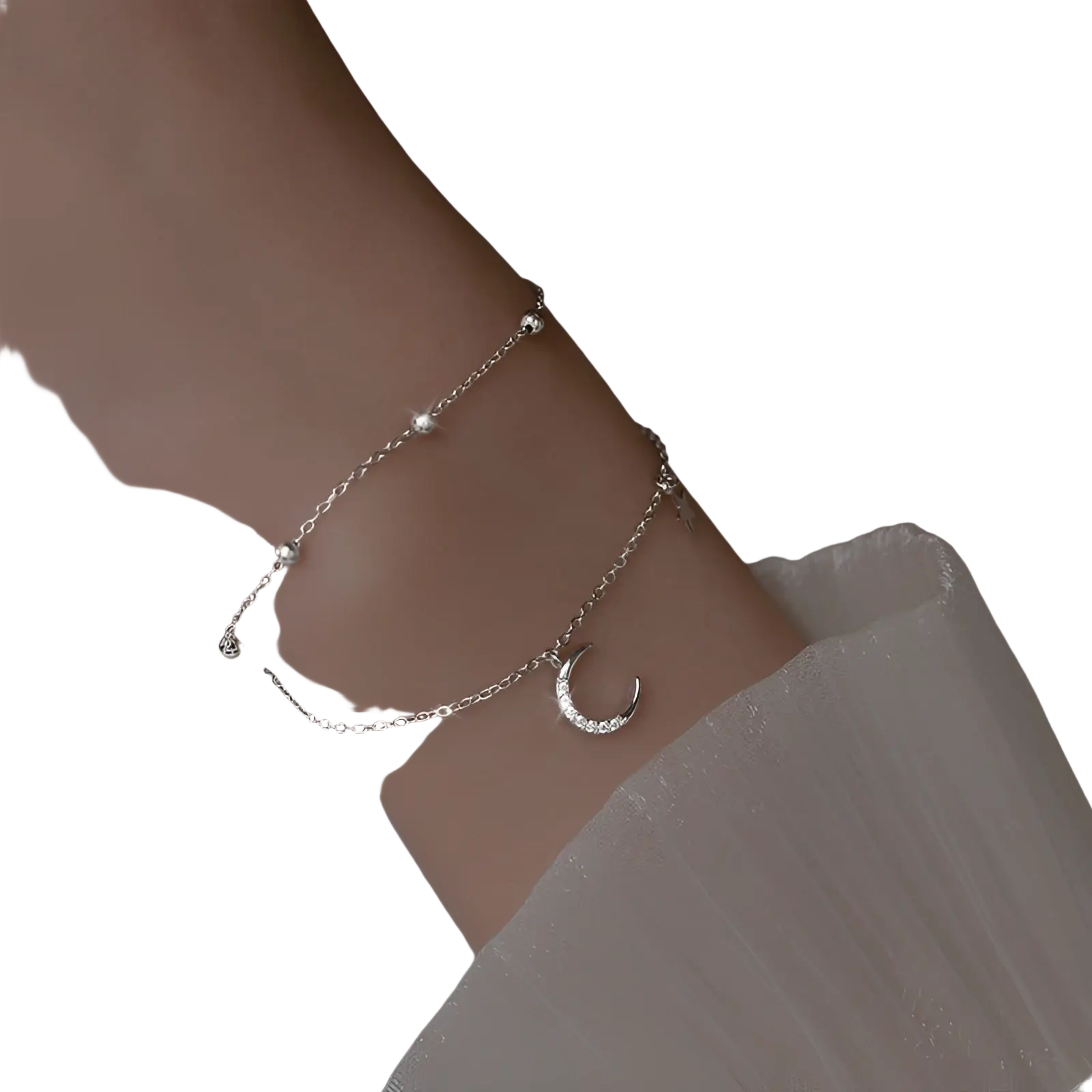 Double layer silver moon and star crystal anklet bracelet with delicate crescent moon charm and small spherical beads