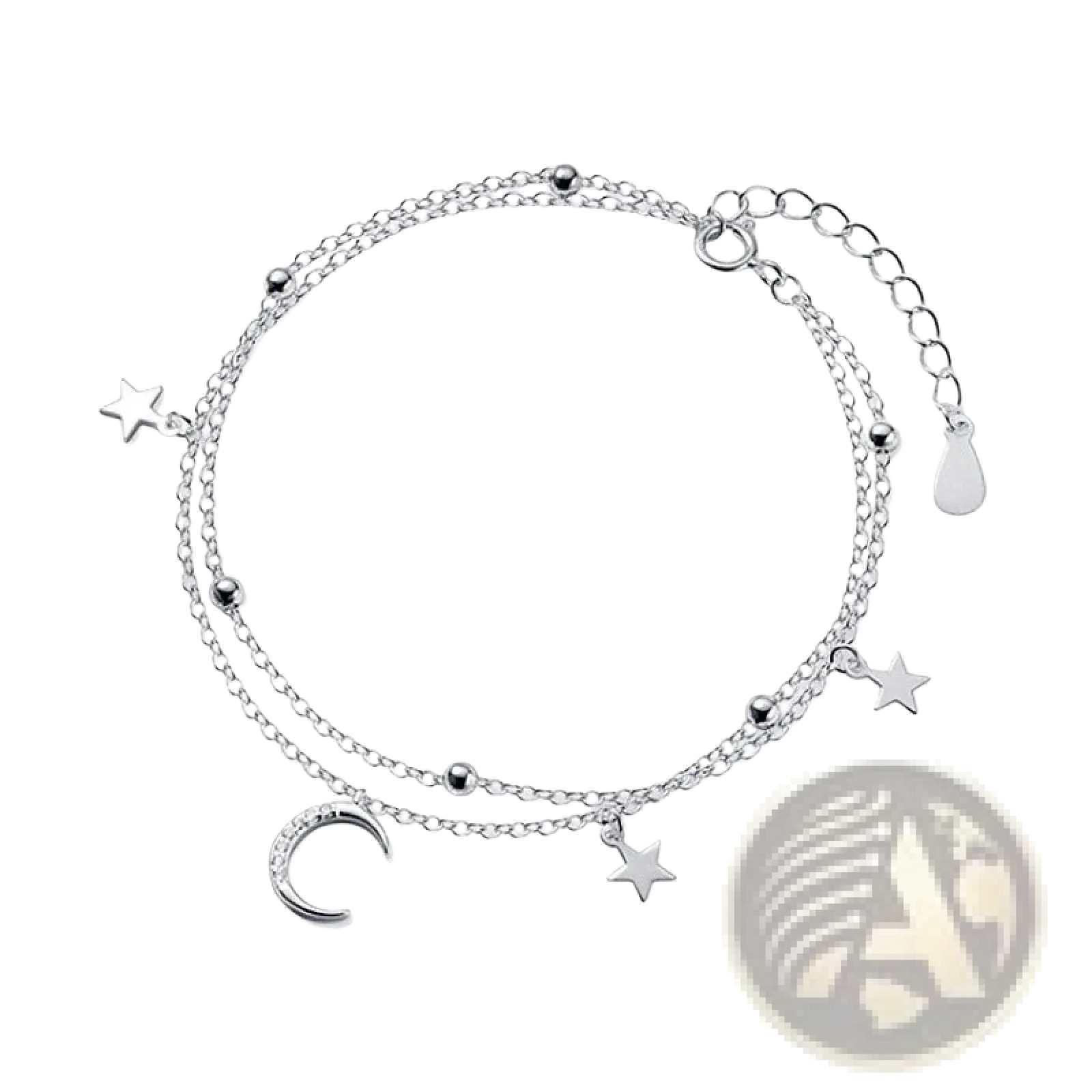 Silver double layer anklet with moon and star charms and small spherical beads in a crystal design