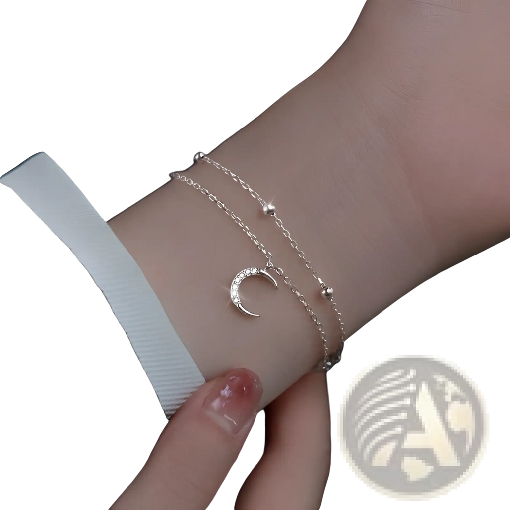 Double layer silver moon and star crystal anklet bracelet with a delicate crescent moon charm and small spherical beads