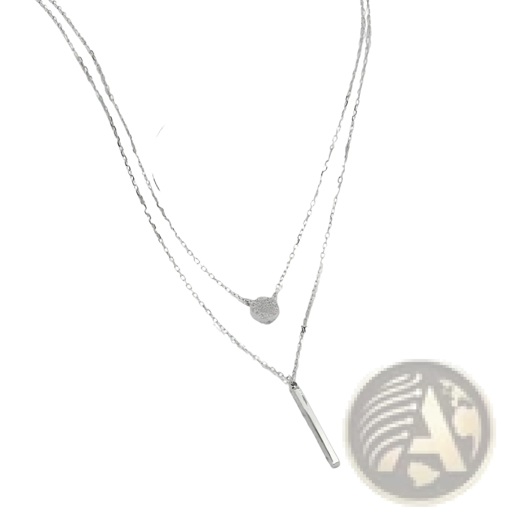 Silver double layer necklace with pave zircon round pendant and sleek rectangular bar charm on delicate chain