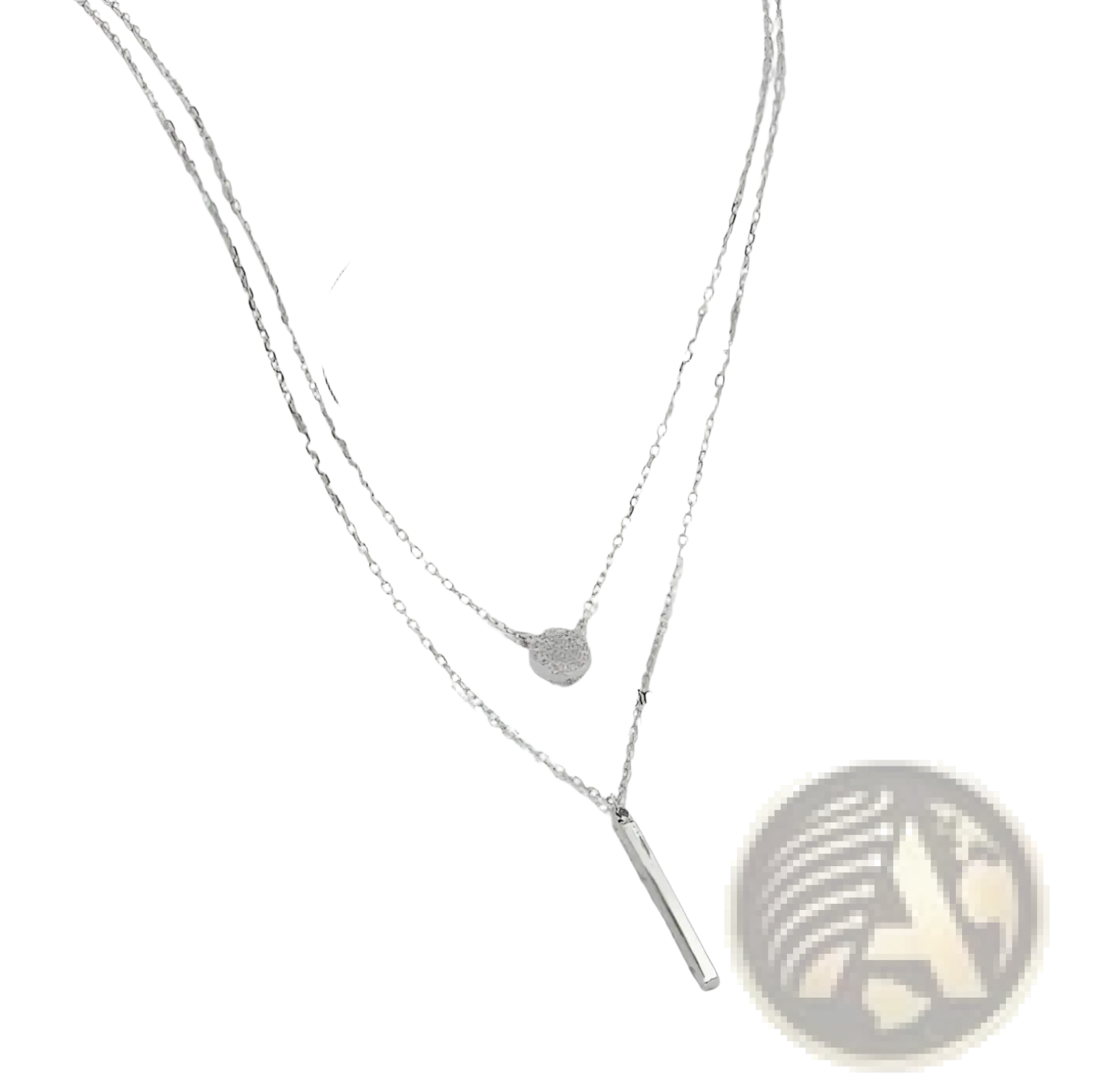 Silver double layer necklace with pave zircon round pendant and sleek rectangular bar charm on delicate chain