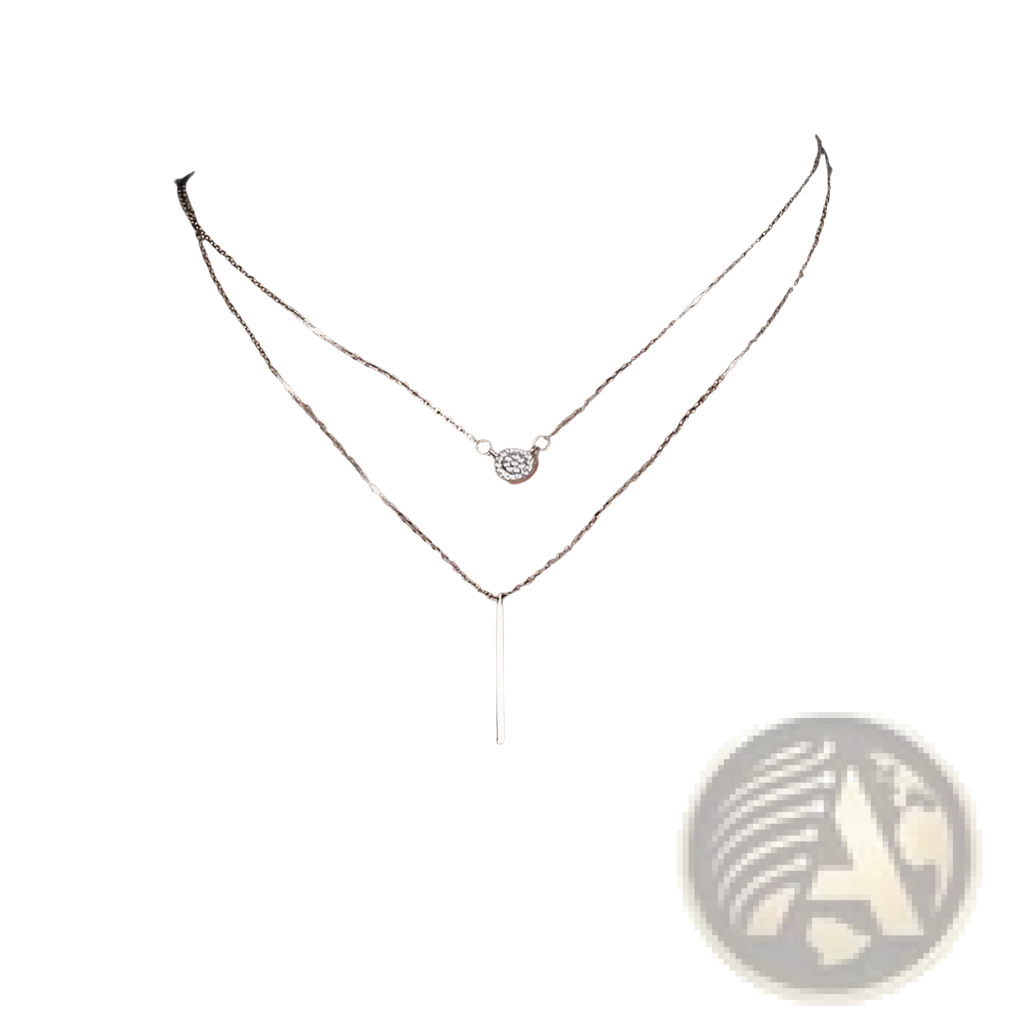 Double layer silver pave zircon necklace featuring a delicate silver-toned round pendant and vertical bar charm