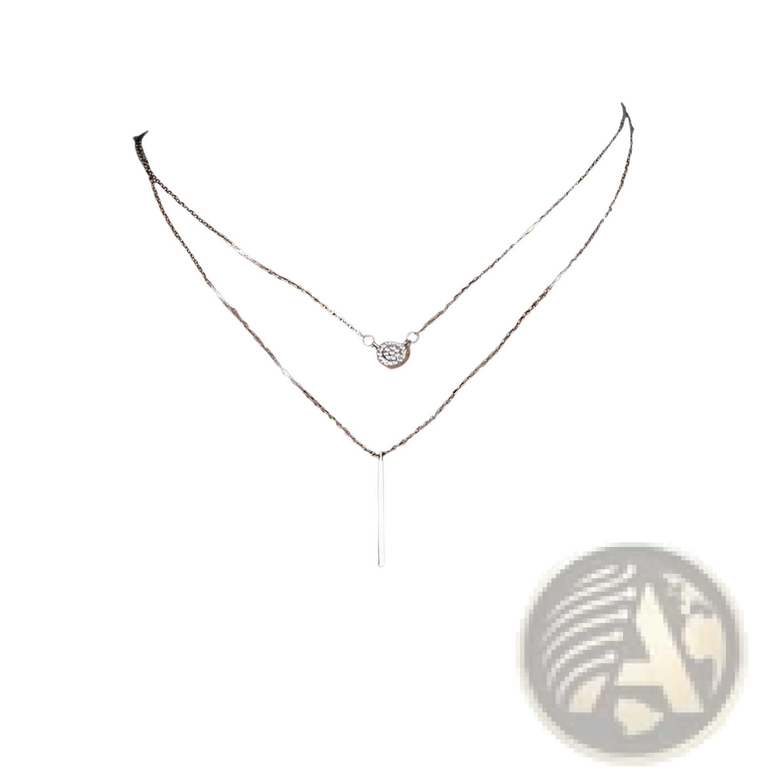 Double layer silver pave zircon necklace featuring a delicate silver-toned round pendant and vertical bar charm