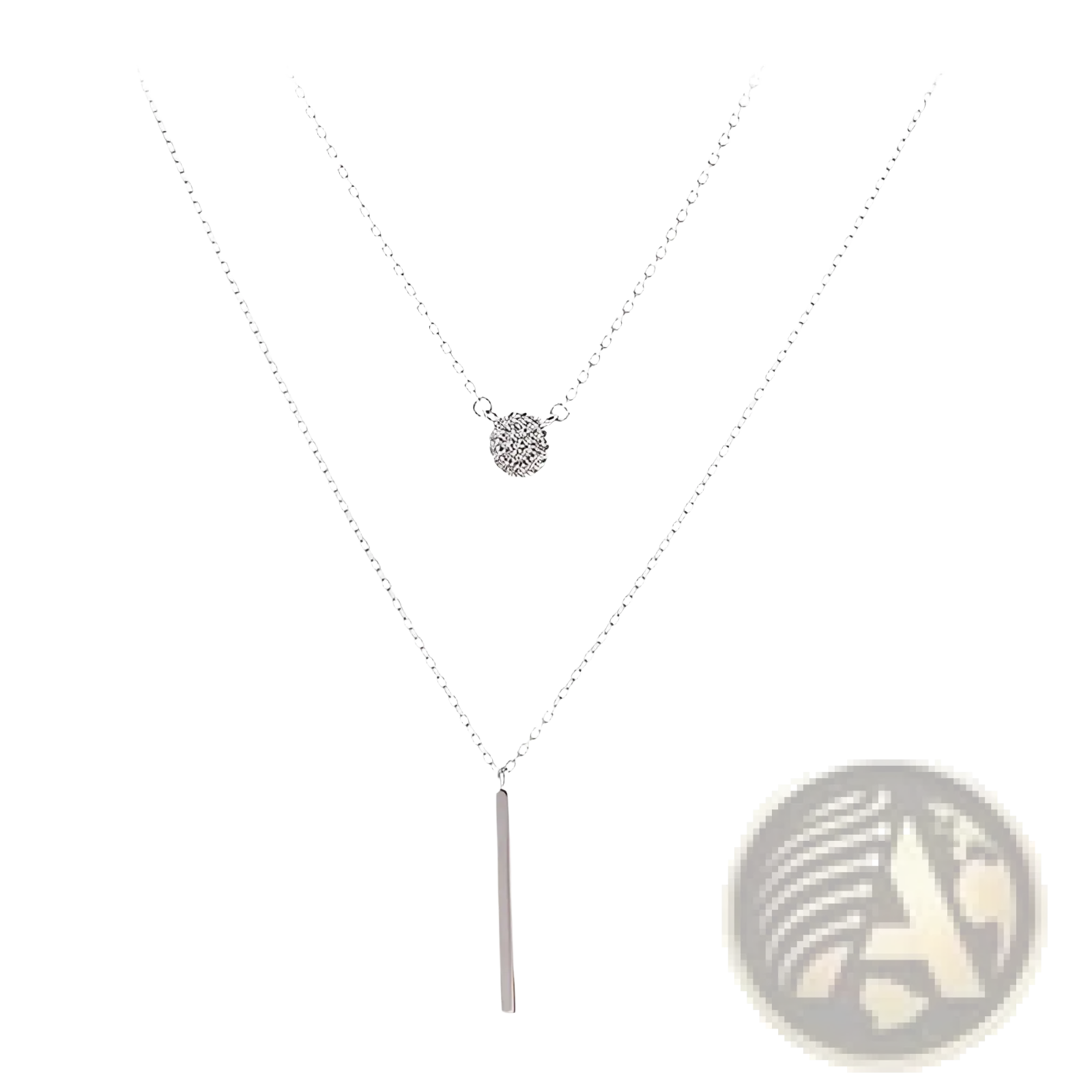 Double layer silver necklace with a delicate chain, pave zircon round pendant, and sleek vertical bar charm