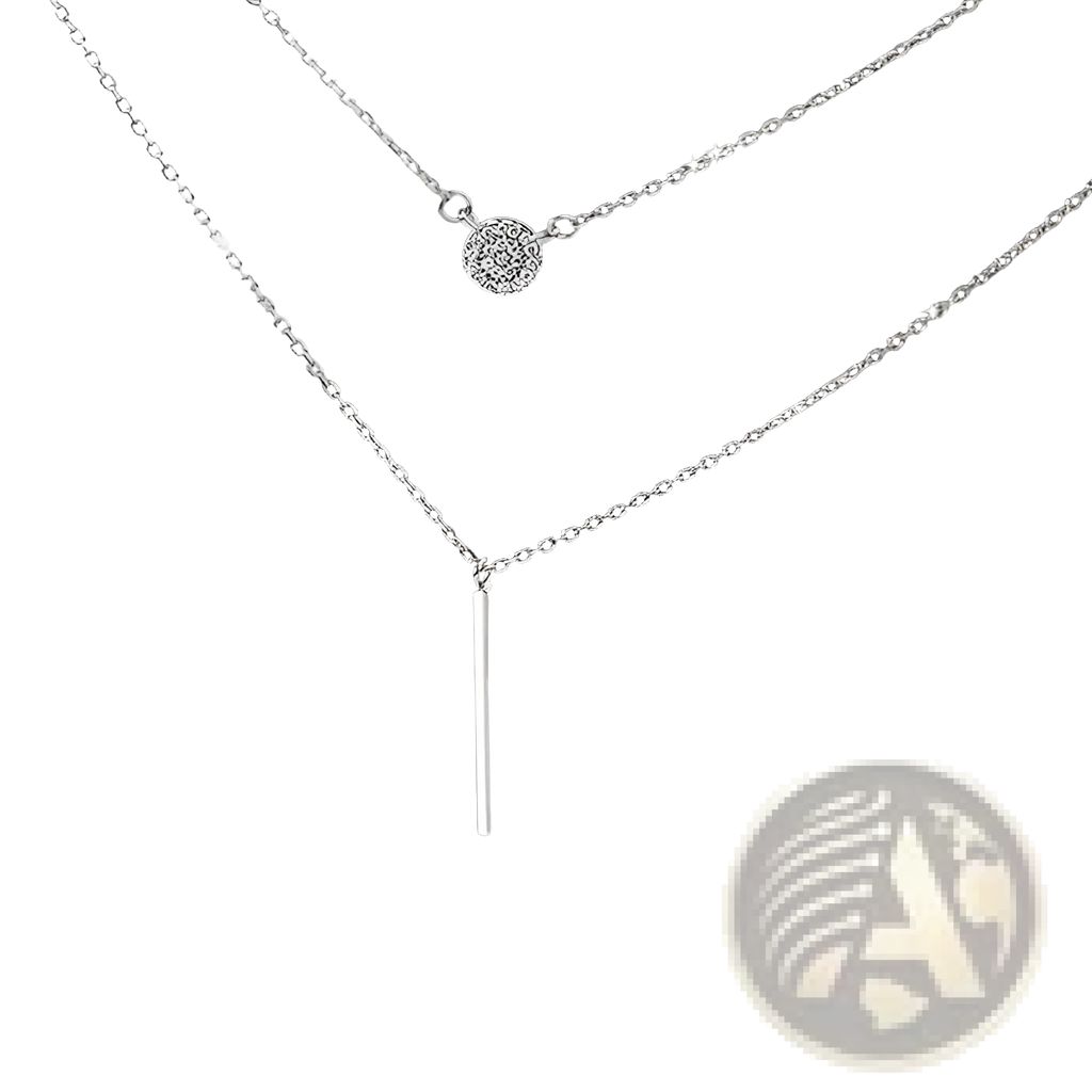 Double layer silver pave zircon necklace with round pave diamond pendant and sleek vertical bar charm