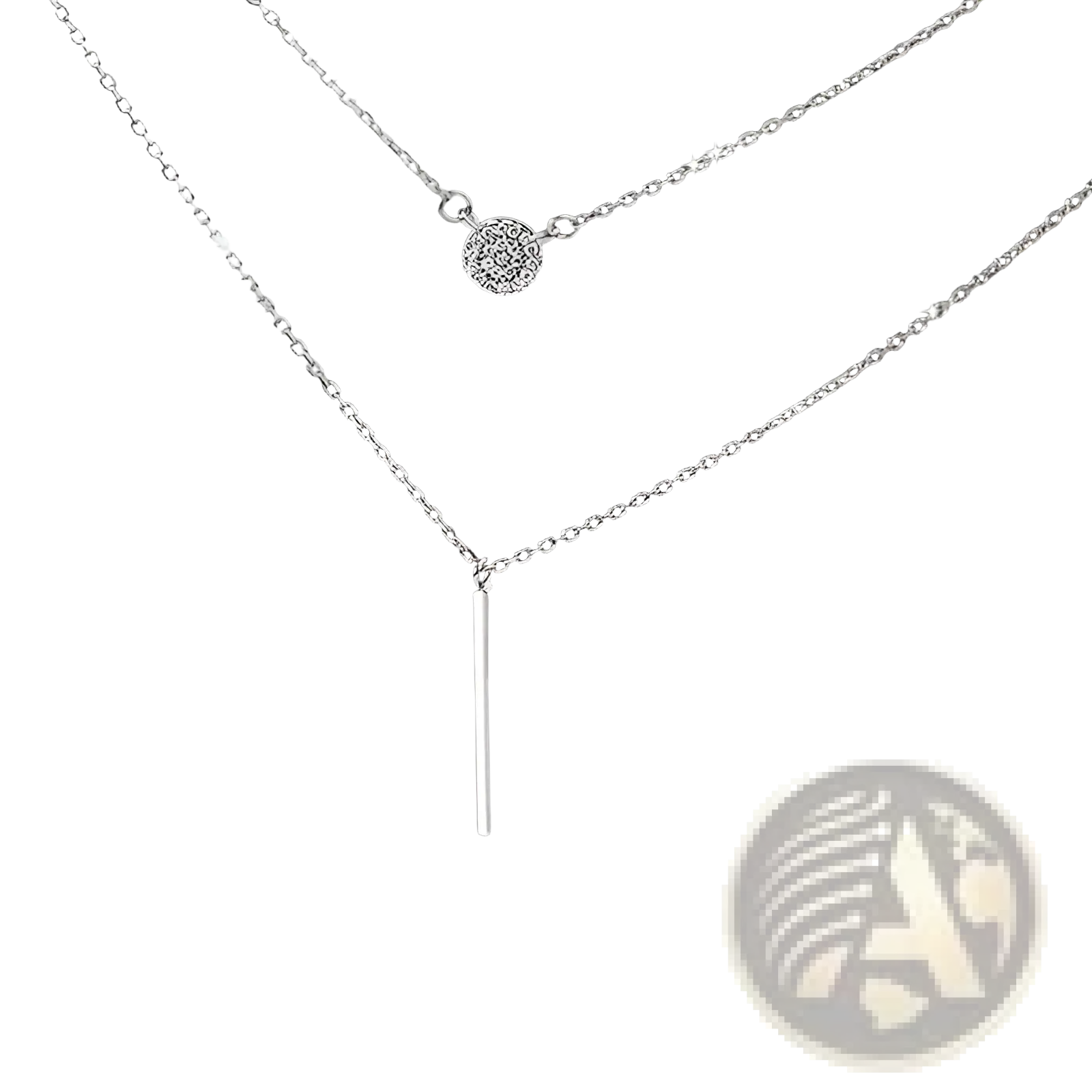 Double layer silver pave zircon necklace with round pave diamond pendant and sleek vertical bar charm