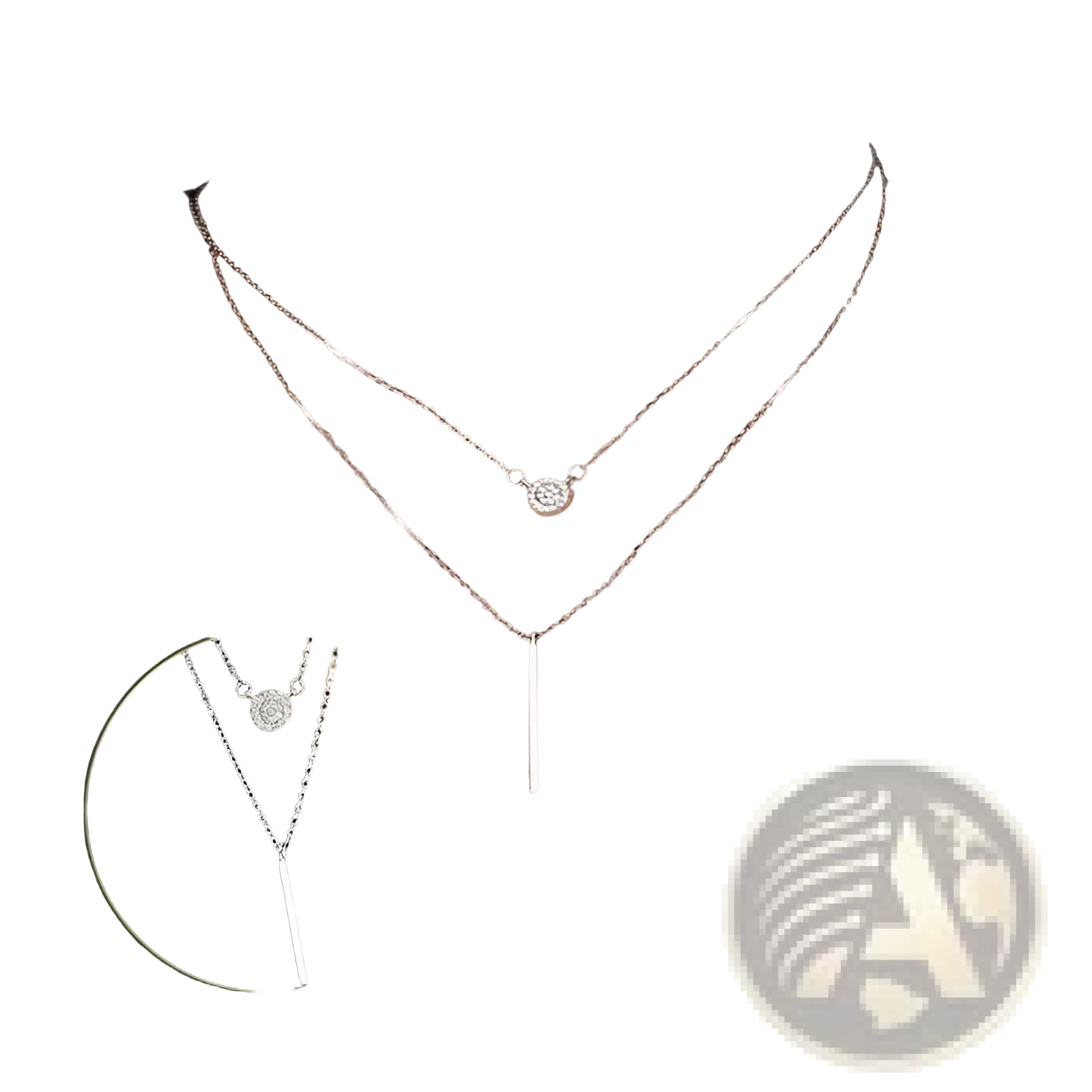 Double layer silver pave zircon round and bar pendant necklace with delicate chain and sparkling stone accents