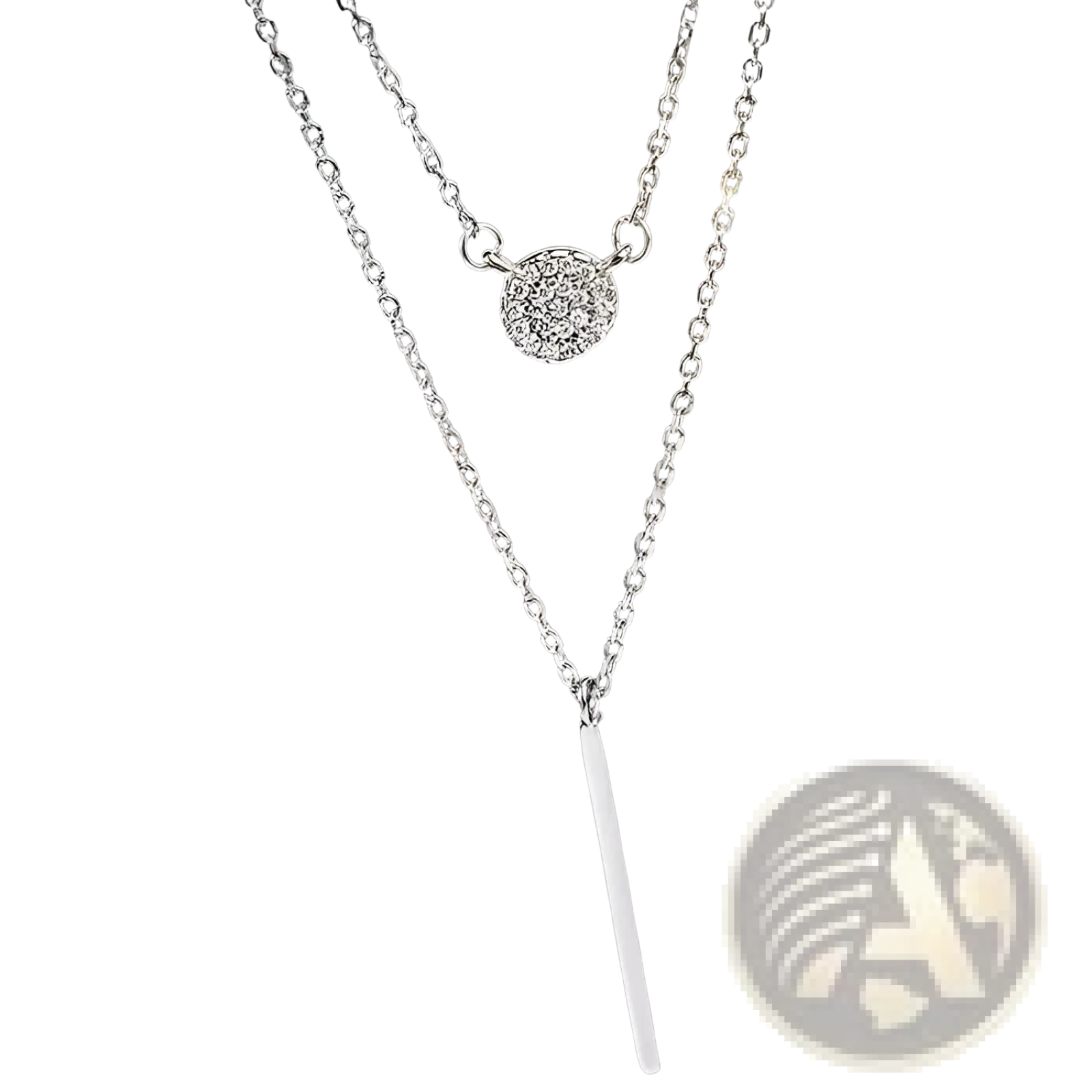 Double layer silver necklace with pave zircon round charm and sleek vertical bar pendant in sterling silver