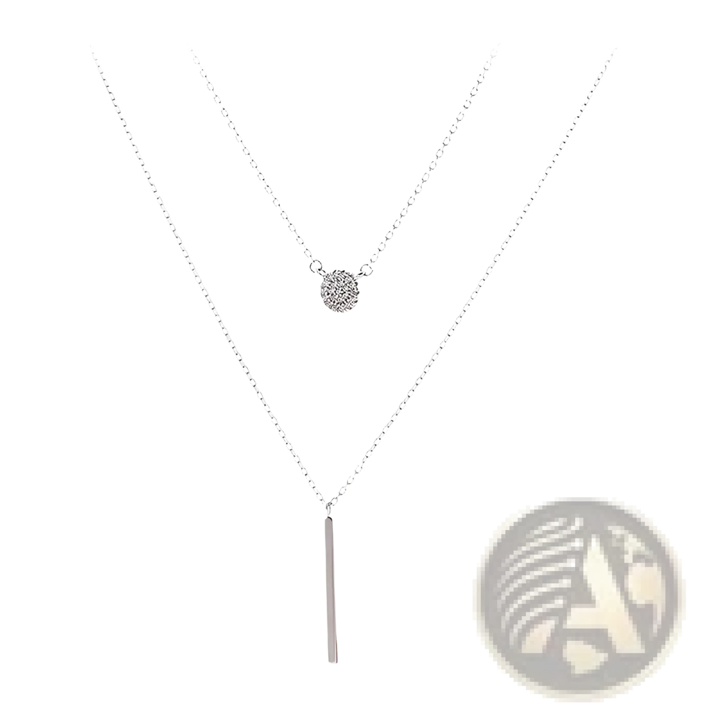 Double layer silver pave zircon necklace with delicate chain round crystal pendant and sleek vertical bar charm