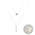 Double layer silver pave zircon necklace with delicate chain round crystal pendant and sleek vertical bar charm