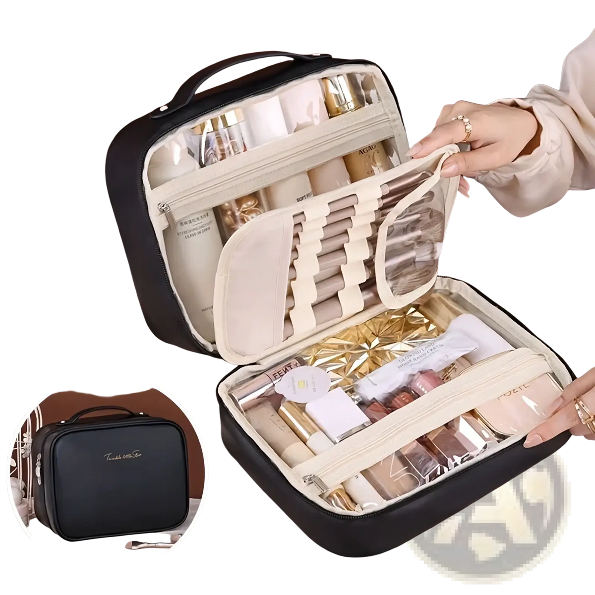 Black pu leather double layer travel makeup bag with cream interior compartments and top handle for organization