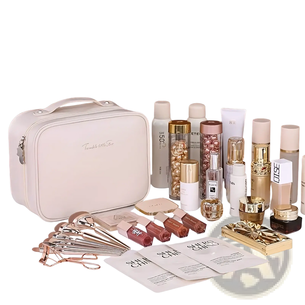 Cream-colored pu leather double layer travel makeup bag with top handle and zipper closure for organized storage