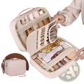 Beige pu leather double layer travel makeup bag with transparent compartments and top handle for organized storage