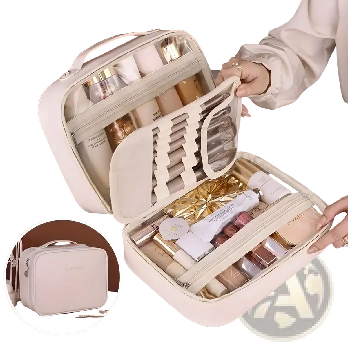 Beige pu leather double layer travel makeup bag with transparent compartments and top handle for organized storage