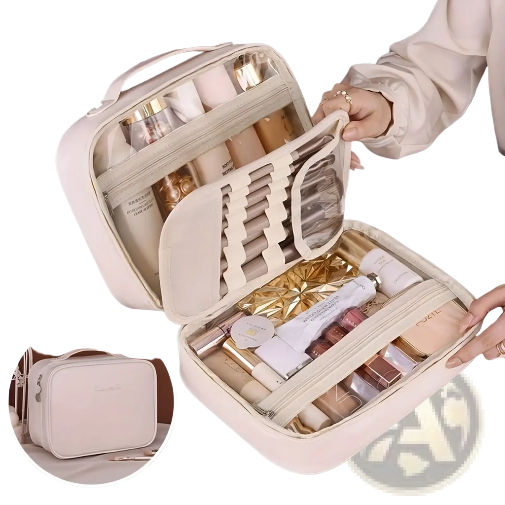 Beige double layer travel makeup bag in pu leather with transparent compartments and top handle for organization