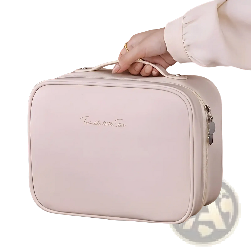 Beige faux leather double layer travel makeup bag with top handle and silver zipper pull for cosmetics storage