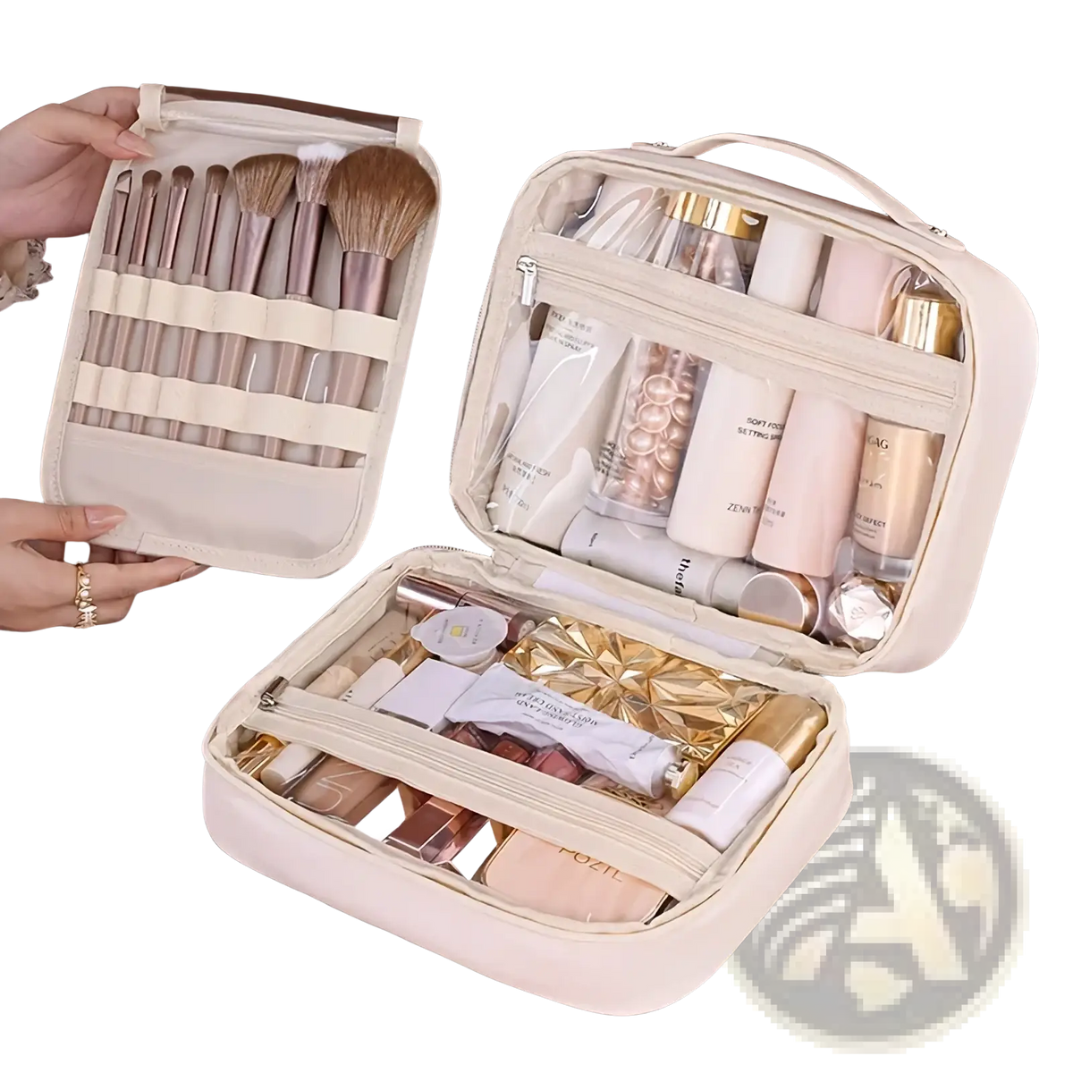 Beige pu leather double layer travel makeup bag with transparent compartments and elastic straps for brushes and skincare products