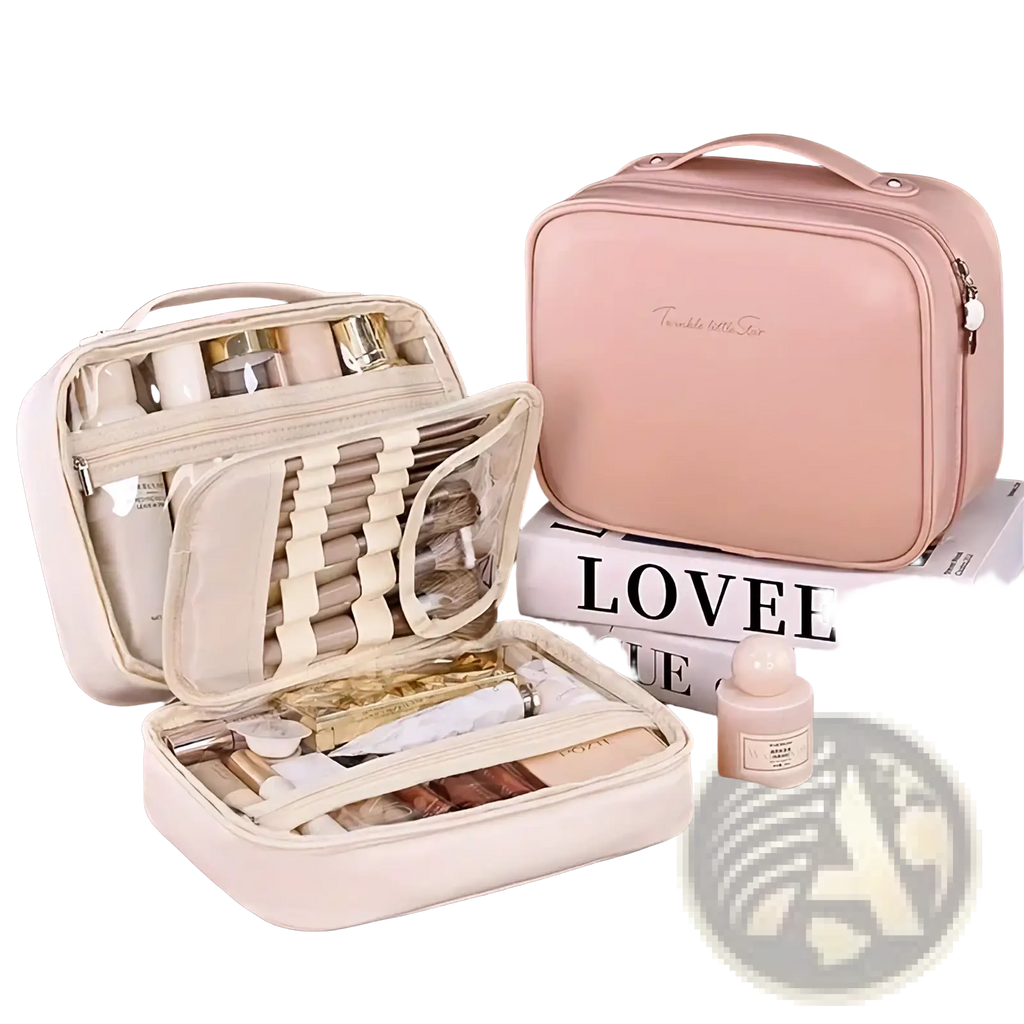 Pink leather-like cosmetic bag with top handle and zipper closure designed for double layer travel makeup storage