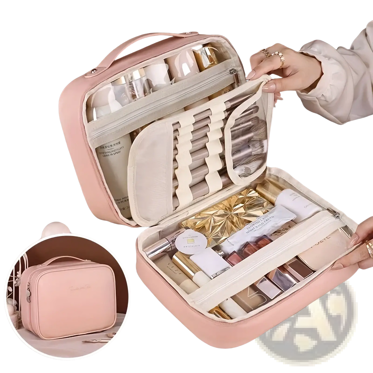 Pink leather makeup organizer with multiple compartments and top handle in a double layer travel makeup bag pu leather beige