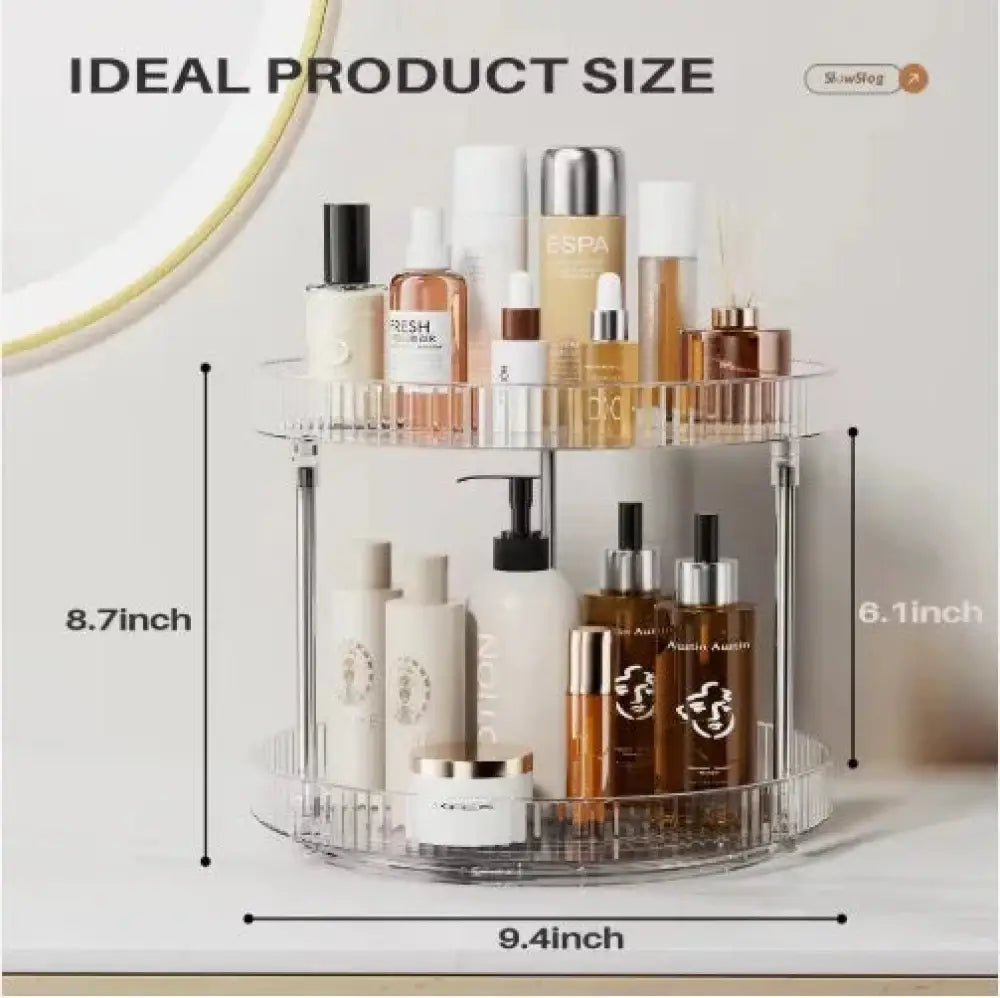 Clear acrylic two-tier rotating vanity organizer with sleek modern design for spices and cosmetics storage