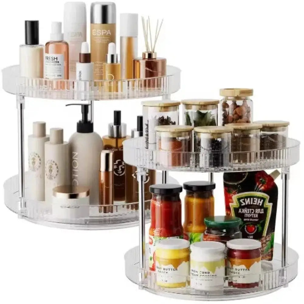 2-tier acrylic rotating spice rack and vanity organizer with clear transparent shelves and metallic central support